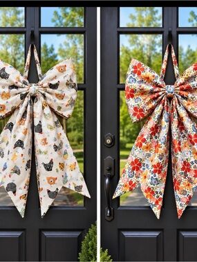 Floral & Farmhouse Reversible Handmade Door Bow - Cream and Multicolor